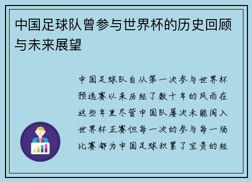 中国足球队曾参与世界杯的历史回顾与未来展望